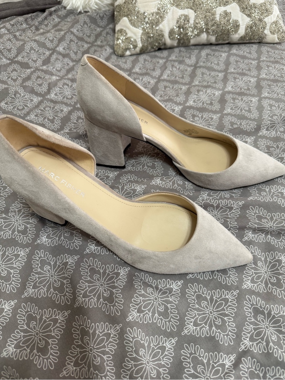 Marc Fisher Light Gray Suede Pointed Block Heels